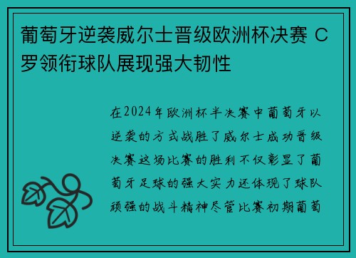 葡萄牙逆袭威尔士晋级欧洲杯决赛 C罗领衔球队展现强大韧性